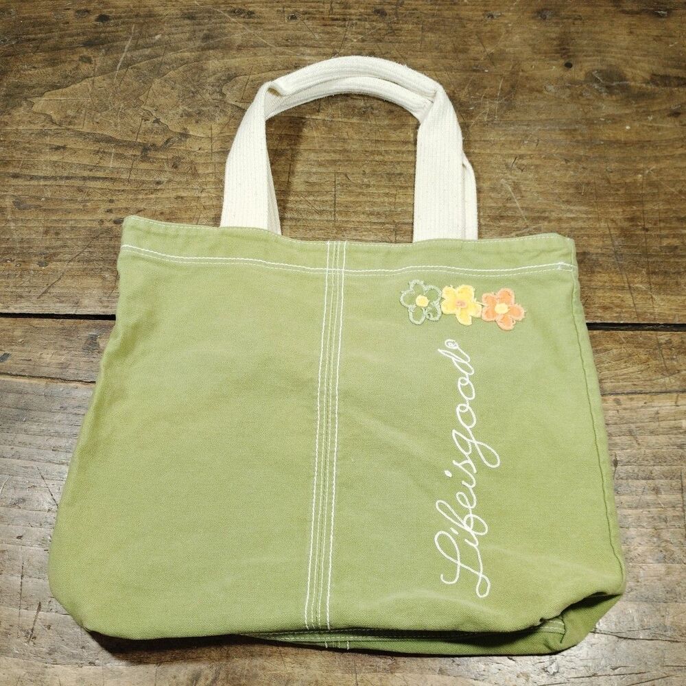 Life is Good Canvas Cotton Green Tote Bag Embroidered Applique Flowers Logo